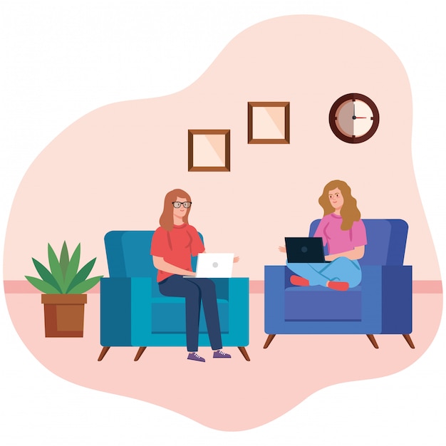 Women working in telecommuting sitting in couch with laptop