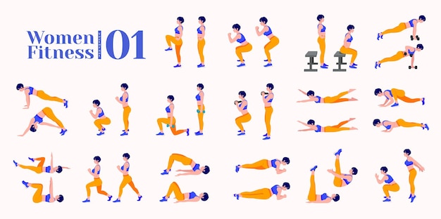 Вектор Набор для тренировок для женщин женщины делают упражнения для фитнеса и йоги