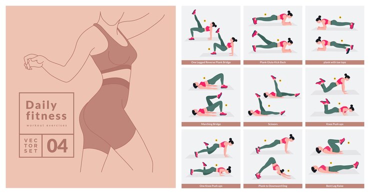 Vector women workout set women doing fitness and yoga exercises