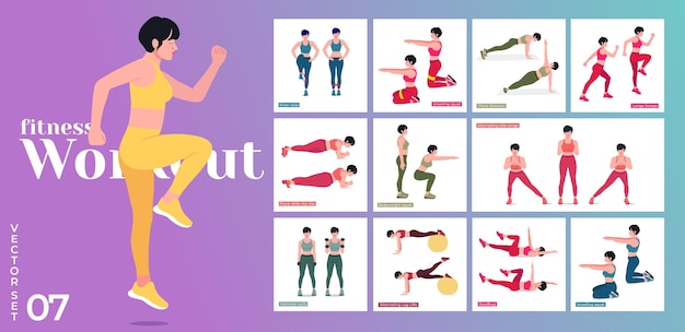 Vector women workout set women doing fitness and yoga exercises