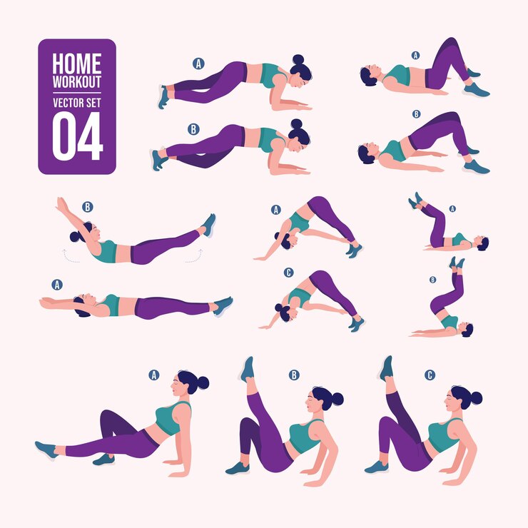 Vector women workout set women doing fitness and yoga exercises