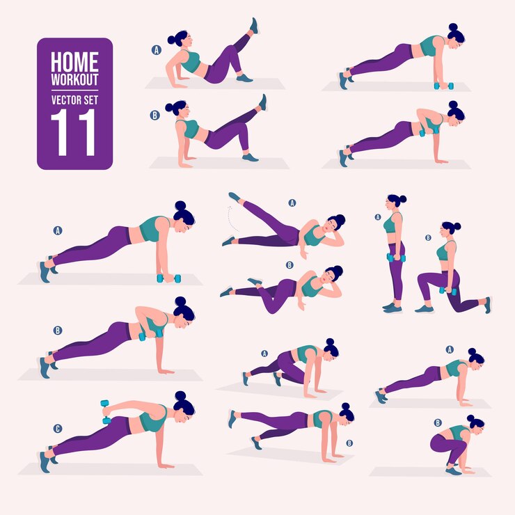 Vector women workout set women doing fitness and yoga exercises