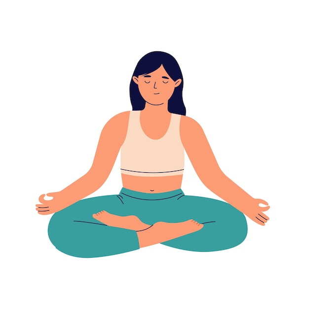 Women in yoga lotus pose. Female practices meditation, self care and harmony, vector illustration