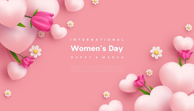 Women39s day design with pink background and illustration of pink love balloons and beautiful pink flowers Premium vector background for banner poster social media greeting