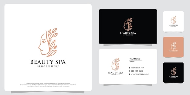 Womens beauty salon and spa line logo gold logo design icon and business card template