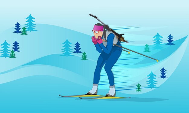 Vector womens biathlon a woman running on skis with a sports rifle