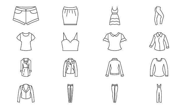 Womens clothes vector icons set line black EPS 10 Womens wear illustration Flat outline sign Shop online concept Females item of clothing Apparel store symbol Isolated on white