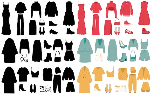 白い背景のベクトル上でフラットスタイルの女性服装