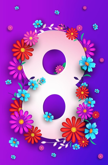 Womens day 8 march holiday celebration banner flyer or greeting card with flowers on number eight vertical illustration