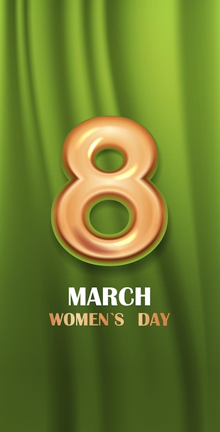Volantino o cartolina d'auguri dell'insegna di celebrazione di festa del giorno 8 marzo delle donne con l'illustrazione verticale numero otto dorato
