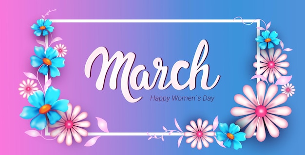 女性の日8行進休日のお祝いバナーチラシまたは美しい花の横のイラストとグリーティングカード