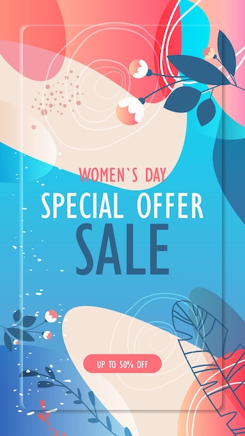 womens day 8 march holiday celebration vibrant flyer or greeting card with decorative leaves and hand drawn textures vertical illustration