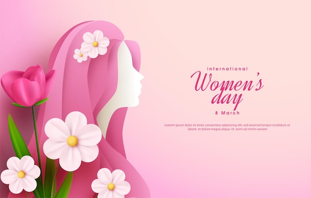 Womens day background with 3D illustration of women and flowers