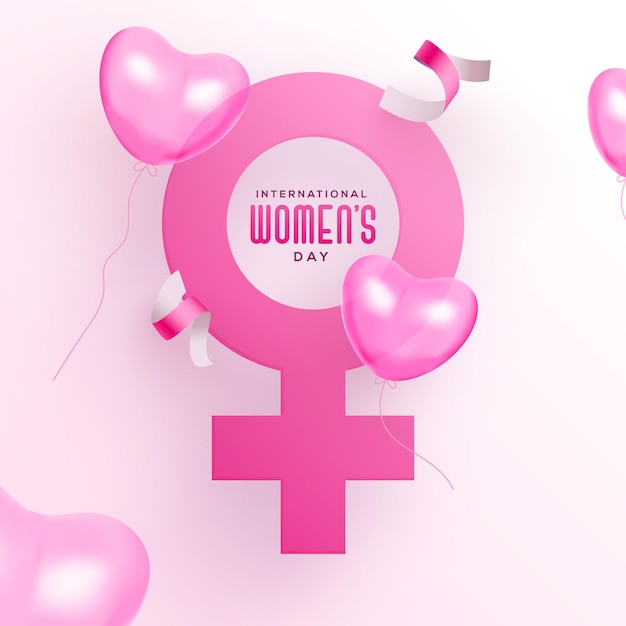 Womens day background with female symbol in paper style confetti and glossy heart shaped balloons