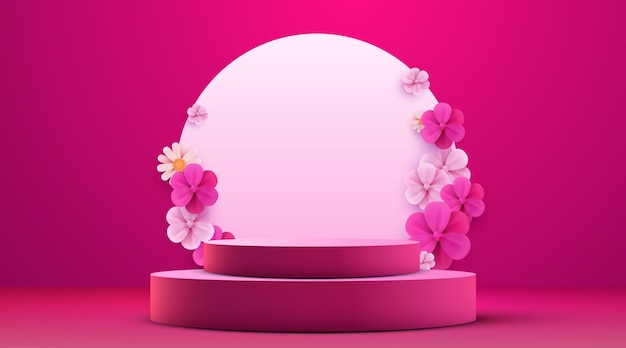 Vettore stendardo per la giornata della donna per la dimostrazione del prodotto piedistallo o podio rosa con fiori numerici su rosa
