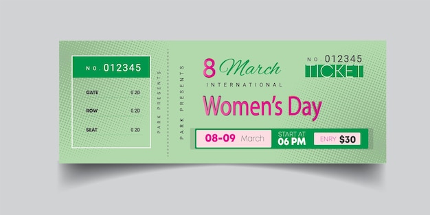 Vector womens day celebration ticket or greeting card for 8 march tickets design template