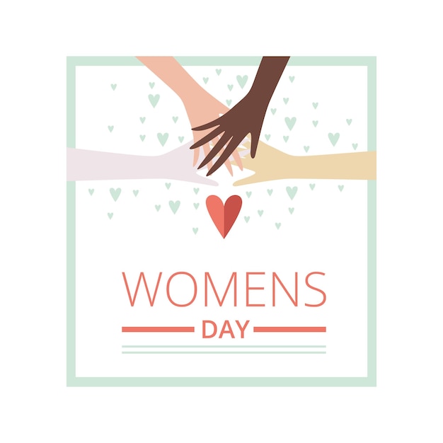 Womens day floral greeting card with crossed female hands of different nations party invitation