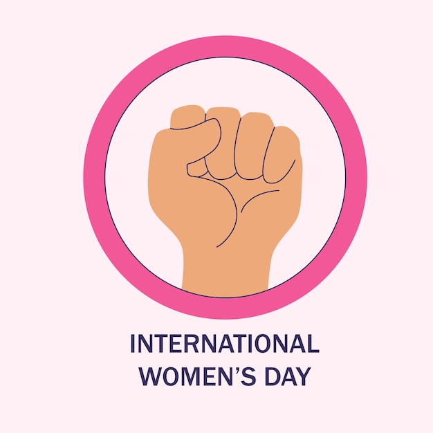 Womens Day greeting card Fist in a circle symbol of feminism Isolated on light pink background