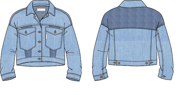 Vettore womens denim short jacket modello di illustrazione vettoriale di disegno piatto anteriore e posteriore