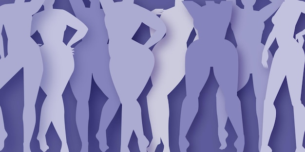 Womens of different cultures dancing or standing together. women's friendship. happy women's day. mother's day. venera, venus female paper cut style. body positive. purple. veri pery. vector