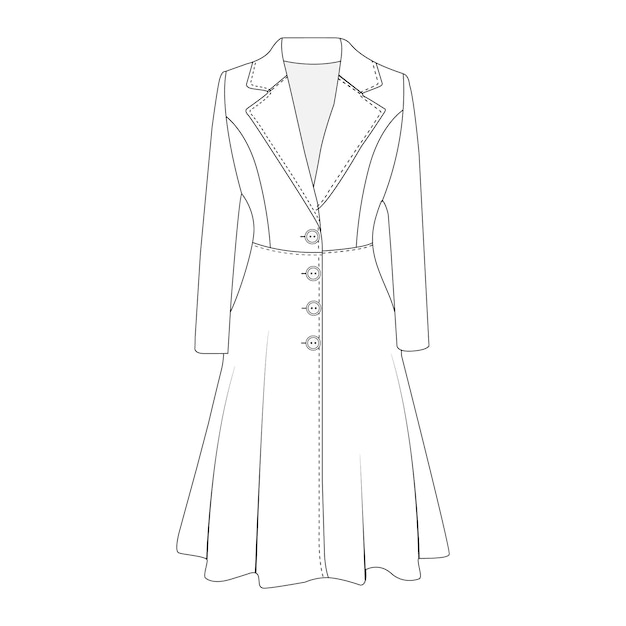 Womens doublebreasted trench coat vector design Women long coat vector illustration flat techni