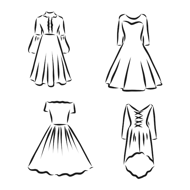 Womens dresses Hand drawn vector illustration Black outline drawing isolated on white