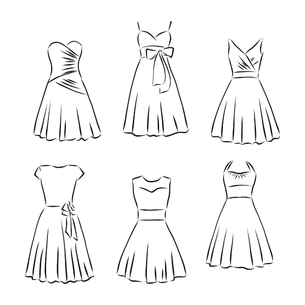 Womens dresses Hand drawn vector illustration Black outline drawing isolated on white