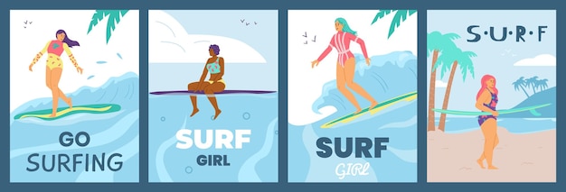 Womens extreme beach surfing water sports cards flat vector illustration