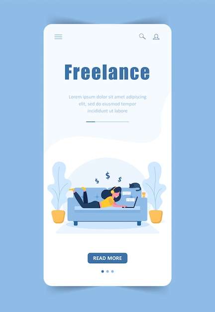 Womens freelance. Landing page template. Mobile background. Girl with laptop in headphones lying on the sofa.