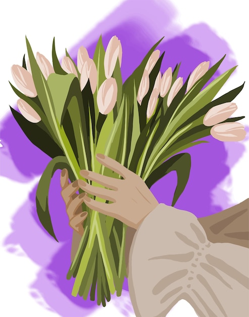 Womens hands hold a bouquet of tulips international womens day mothers day postcard