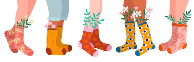 Womens legs in socks Different cotton patterned products with spring flowers Fashionable colors wear Feet in casual stockings with leaves and blossoms Vector clothing elements set