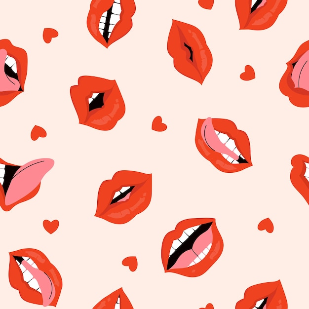 Vector womens lips with red lipstick and hearts make up a vector seamless pattern gestures collection