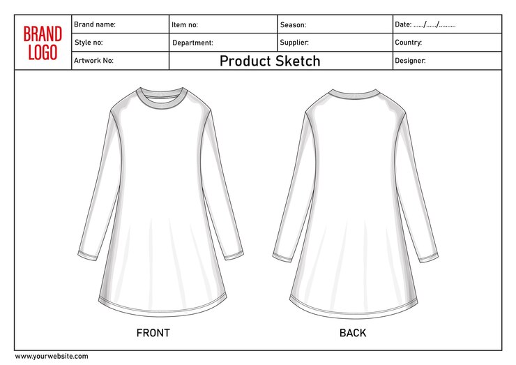Vector 여자 장袖 a-line 니크 드레스 스케치