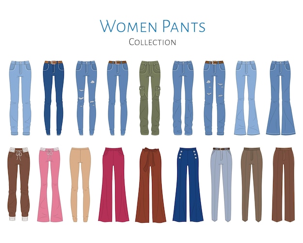 Вектор Женская коллекция брюк векторная иллюстрация различные стили голубых джинсов