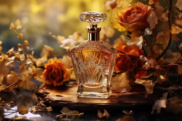 Vector womens perfume on a silk background with chrysanthemum flowers