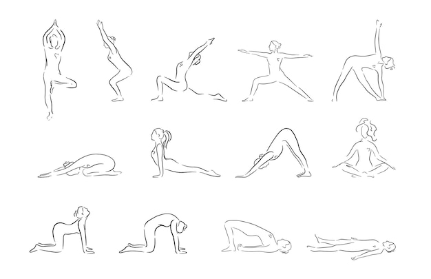 Sagome da donna in stile art line. raccolta di pose yoga disegnate a mano. asana insieme. illustrazione vettoriale