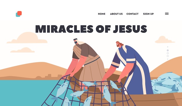 Vector wonderful catch landing page template jesus miracles apostles caught an abundance of fish symbolizing his power