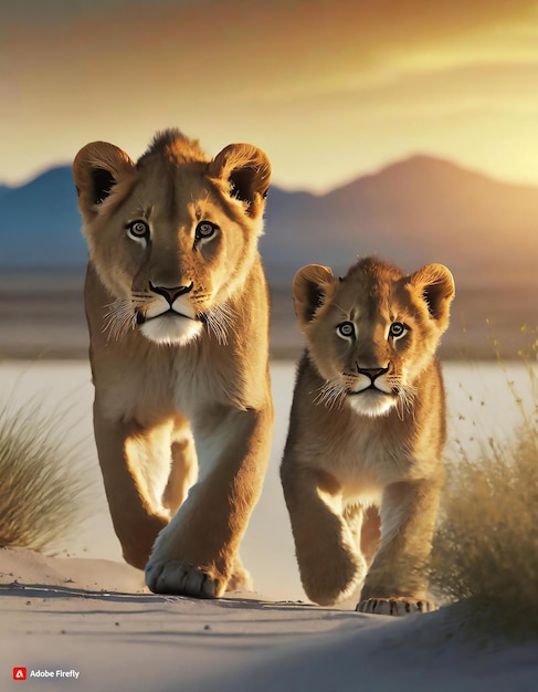Вектор Прекрасный самец и самка щенка льва легко проходят через огромную белую пустыню на закате перф