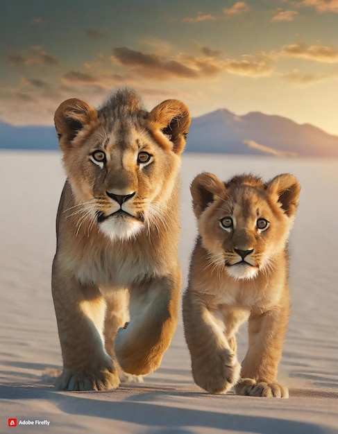 Вектор Прекрасный самец и самка щенка льва легко проходят через огромную белую пустыню на закате перф