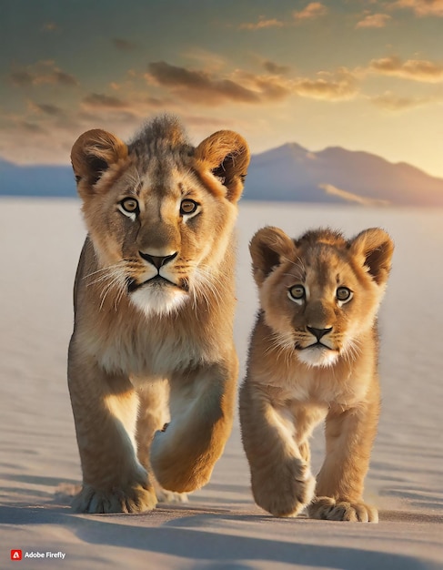 Vector wonderful male and female baby lion walks lightly through a vast white desertat sunset perf