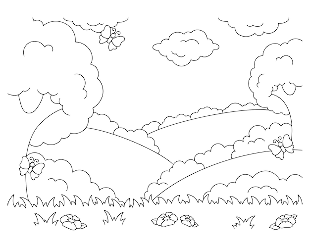 아이들을 위한 멋진 자연 풍경 색칠하기 책 페이지 만화 스타일