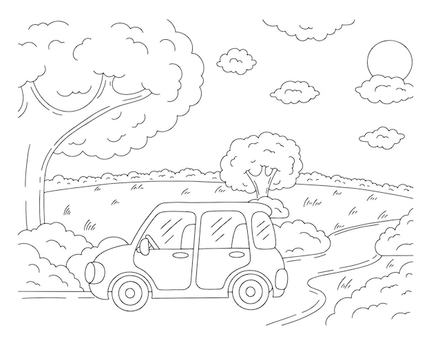 素晴らしい自然の風景 子供向けの塗り絵のページ 車は森に沿って道を走っています