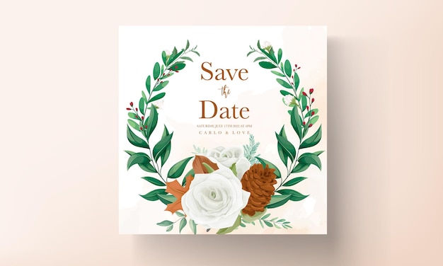 Meraviglioso set di biglietti d'invito per matrimonio con foglie verdi, rosa bianca e fiori di pino
