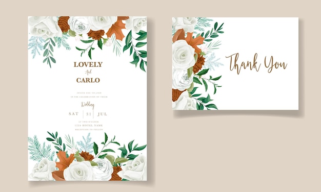 Meraviglioso set di biglietti d'invito per matrimonio con foglie verdi, rosa bianca e fiori di pino
