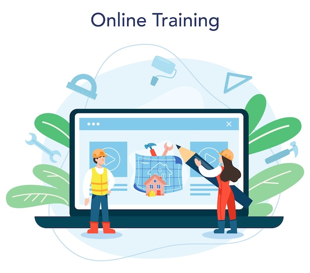 Woningbouw online service of platform Werknemers bouwen huis met gereedschappen en materialen Proces van woningbouw Online training Platte vectorillustratie