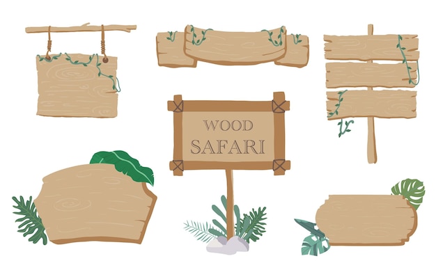 サファリの背景セットの木製のバナーコレクション 誕生日招待ポストカードとスティッカーのための編集可能なベクトルイラスト