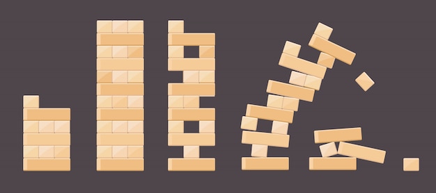 Dettagli in mattoni di legno di giochi di torre per bambini. vector il mattone di legno, costruisca il blocchetto del cubo, illustrazione della costruzione della torre del giocattolo