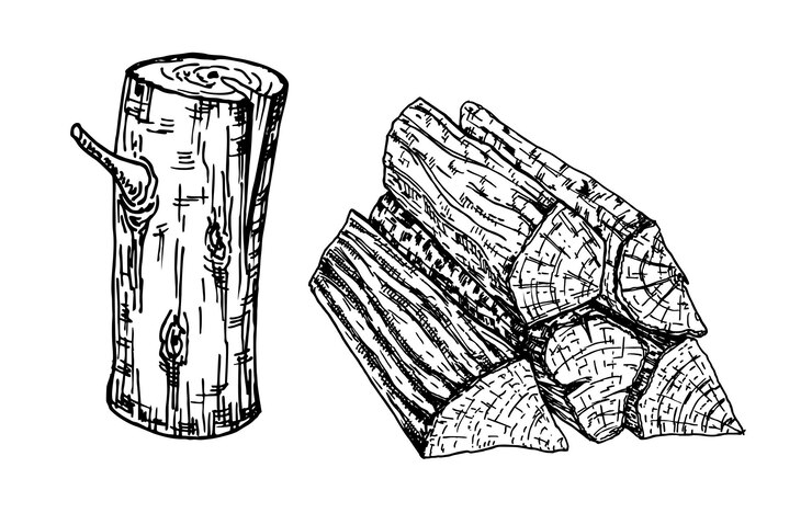 Vector wood burning materials wood logs trunk and planks vector sketch illustration materials for wood