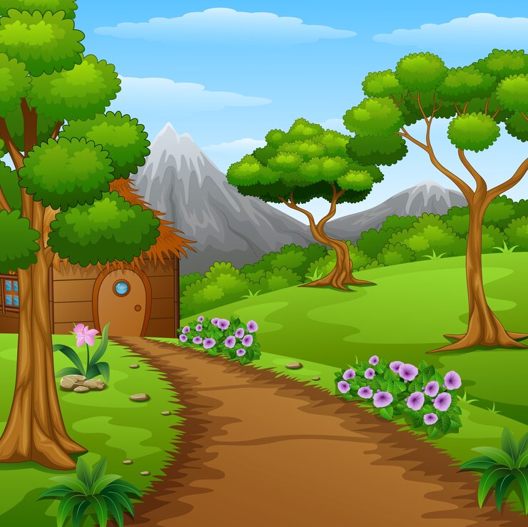 Vector wood cabin in the countryside with mountains and dirt road