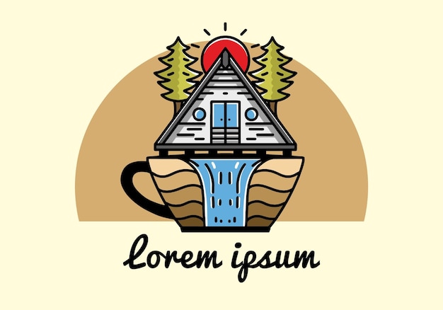 Wood cabin and pine trees on the coffee cup shape with waterfall illustration